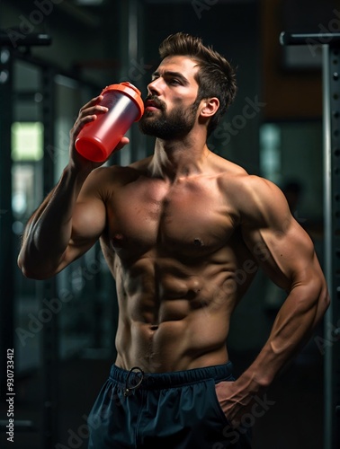 Muscular guy drinking water after training