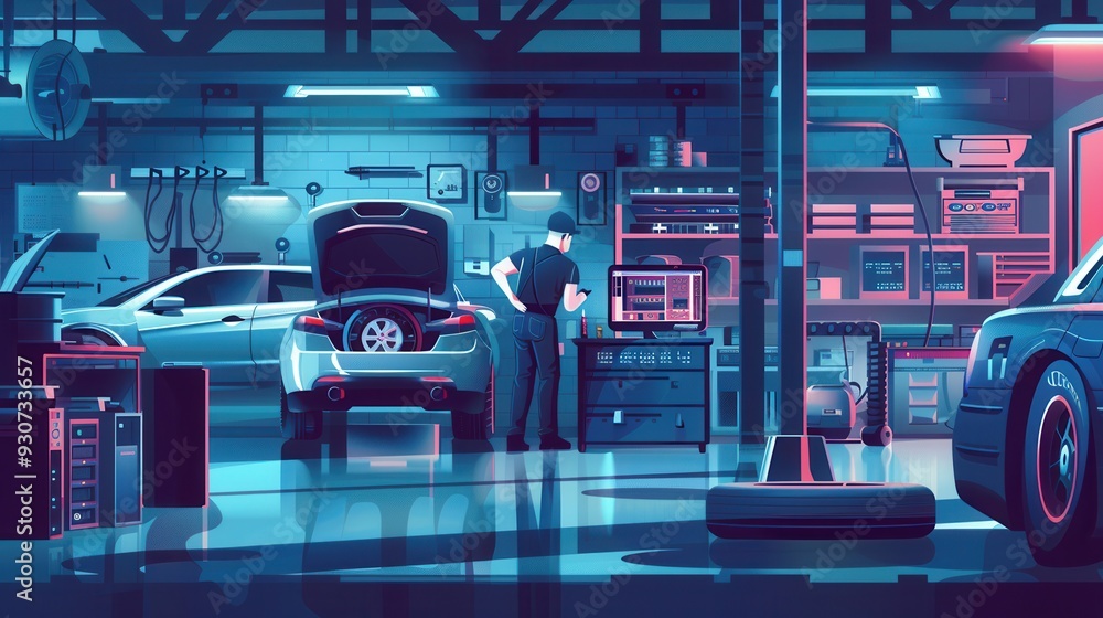 Fototapeta premium A mechanic conducts a computer diagnosis on a car while working on engine repairs in a well-equipped automotive workshop. Generative AI
