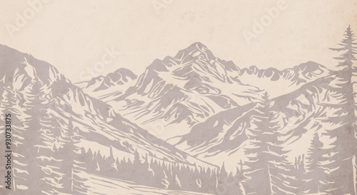 Mountain landscape. Vector graphics. Logo design for use in graphics. T-shirt print, tattoo design. Minimalist illustration for printing on wall decorations. Vintage grunge old .