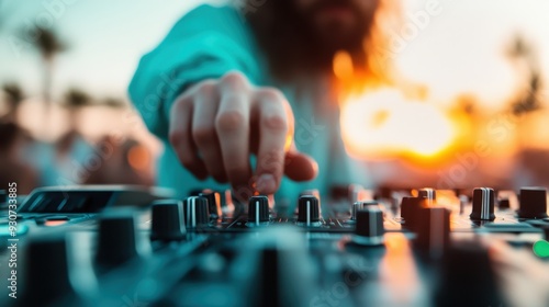 A detailed view of a hand adjusting the controls on a DJ controller, with a beautiful, colorful sunset creating a vivid backdrop, evoking a sense of relaxation and creativity.