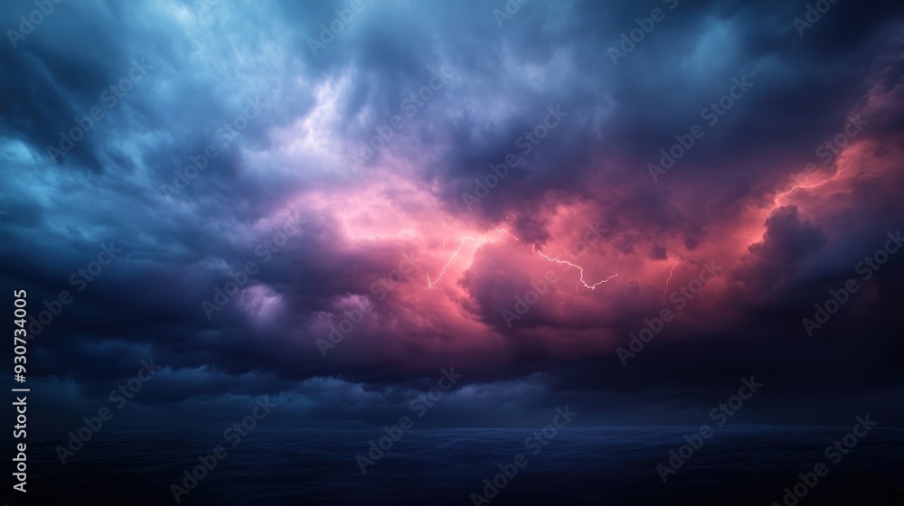 A tranquil yet intense image of dark storm clouds hovering above a vast ocean, subtly lit with pink light, capturing the serene intensity of nature's contradictions. A tranquil yet intense image of dark storm clouds hovering above a vast ocean, subtly lit with pink light, capturing the serene intensity of nature's contradictions.