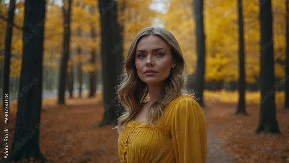 a woman in a bright yellow dress stands in the autumn forest a woman in a bright yellow dress stands in the autumn forest
