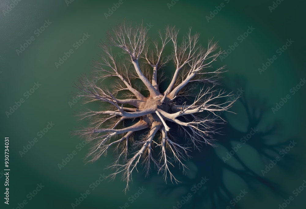 Fototapeta premium An aerial view of a bare tree surrounded by tranquil water, capturing the beauty of nature's contrast in a serene landscape.