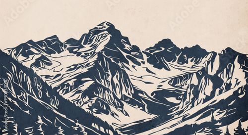Mountain landscape. Vector graphics. Logo design for use in graphics. T-shirt print, tattoo design. Minimalist illustration for printing on wall decorations. Vintage grunge old .