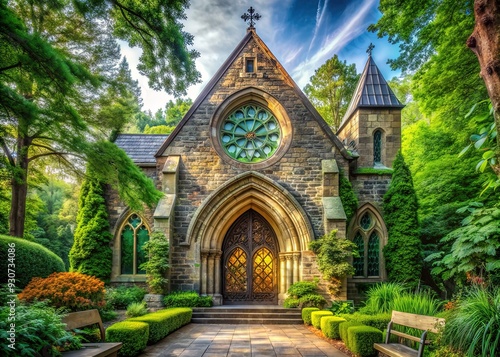 Majestic stone church with grand arched entrance and stained glass windows, set amidst lush greenery, evoking feelings of serenity and spiritual giving.