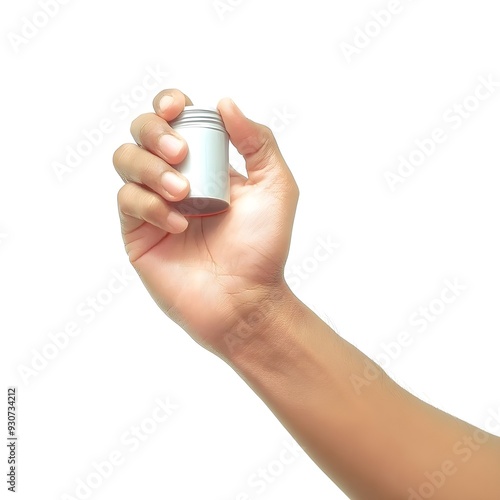 hand holding something like a bottle or can isolated on white background with clipping path