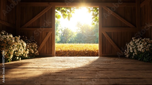 A barn with a door open to the outside. The inside of the barn is empty and has a lot of sunlight coming in