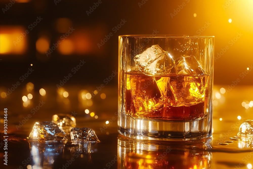 A glass of whiskey with ice cubes on a table A glass of whiskey with ice cubes on a table