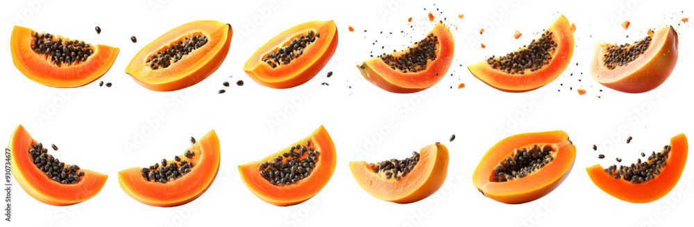 Fresh papaya slices are displayed in various arrangements, showcasing their vibrant orange color and black seeds. image conveys sense of freshness and vitality, perfect for food related themes. Fresh papaya slices are displayed in various arrangements, showcasing their vibrant orange color and black seeds. image conveys sense of freshness and vitality, perfect for food related themes.