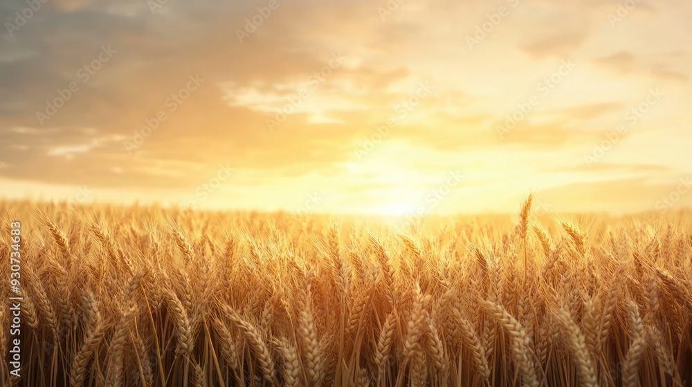 Fototapeta premium A field of golden wheat with a bright sun in the background. The sun is setting, casting a warm glow over the field. The scene is peaceful and serene, with the wheat swaying gently in the breeze
