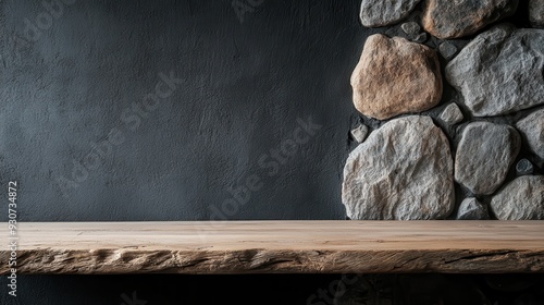 A rustic wooden table positioned in front of a darkly textured stone wall, combining natural wood elements with rugged stone for a dramatic, yet cozy, interior design. photo