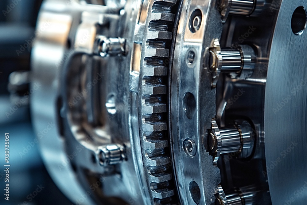 Fototapeta premium Complex engine is being assembled at an industrial facility, close-up