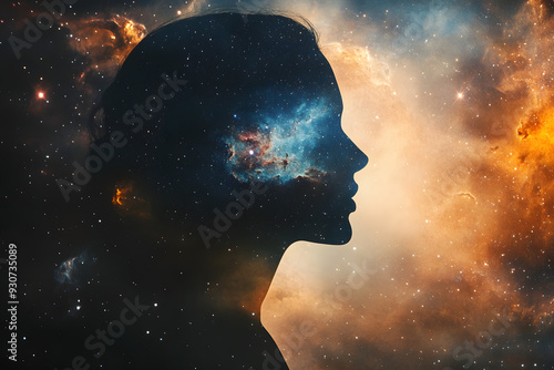 silhouette of a woman’s profile blending with a cosmic nebula stars galaxy