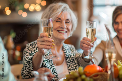 Elegant senior woman toasting with champagne photo