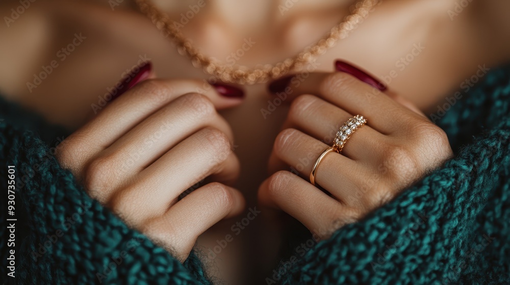 A sophisticated image highlighting elegant jewelry adorned hands, featuring a diamond ring and necklace, complemented by luxurious knit sweater fabric, epitomizing refined beauty. A sophisticated image highlighting elegant jewelry adorned hands, featuring a diamond ring and necklace, complemented by luxurious knit sweater fabric, epitomizing refined beauty.