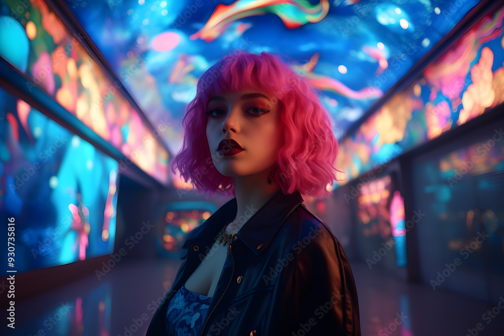 Fototapeta premium woman with pink short hair and a blue jacket is standing in front of a pink neon night club