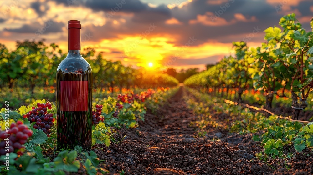 A scenic vineyard at sunset featuring a bottle of wine, grape clusters, and golden sunlight illuminating the lush landscape. A scenic vineyard at sunset featuring a bottle of wine, grape clusters, and golden sunlight illuminating the lush landscape.