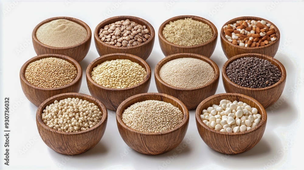 A variety of nutritious grains displayed in wooden bowls, showcasing diversity in texture and color for culinary use. A variety of nutritious grains displayed in wooden bowls, showcasing diversity in texture and color for culinary use.