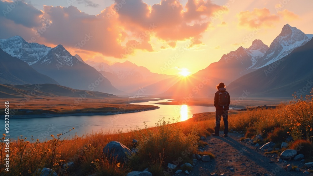 Fototapeta premium Solitary Trekker at Sunset in Mountainous Terrain