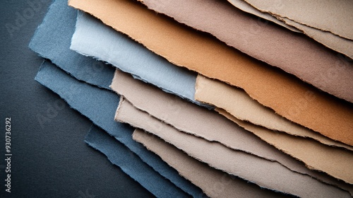 The image shows a pile of torn paper sheets with different shades of blue stacked together, displaying a range of hues and textures that create an abstract visual. photo