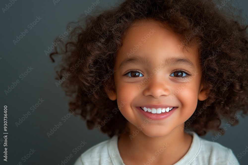 Smiling child with curly hair in front of a dark gray background Smiling child with curly hair in front of a dark gray background