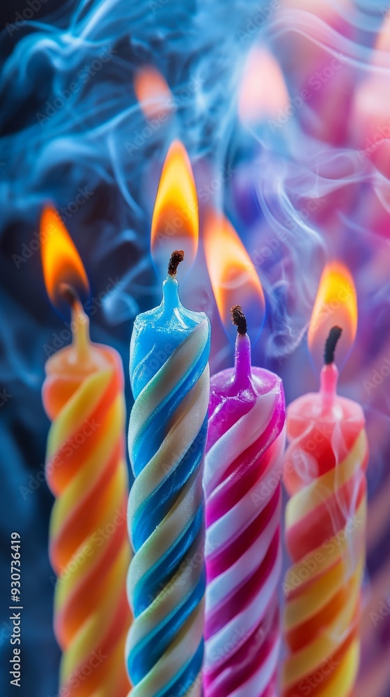 Lit colorful twisted candles with smoke on Lit colorful twisted candles with smoke on