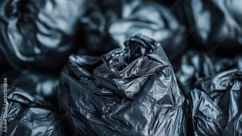 Crushed black garbage bags are seen in a disorganized arrangement, emphasizing the messy and untidy aspects of waste accumulation awaiting proper disposal or management. Crushed black garbage bags are seen in a disorganized arrangement, emphasizing the messy and untidy aspects of waste accumulation awaiting proper disposal or management.