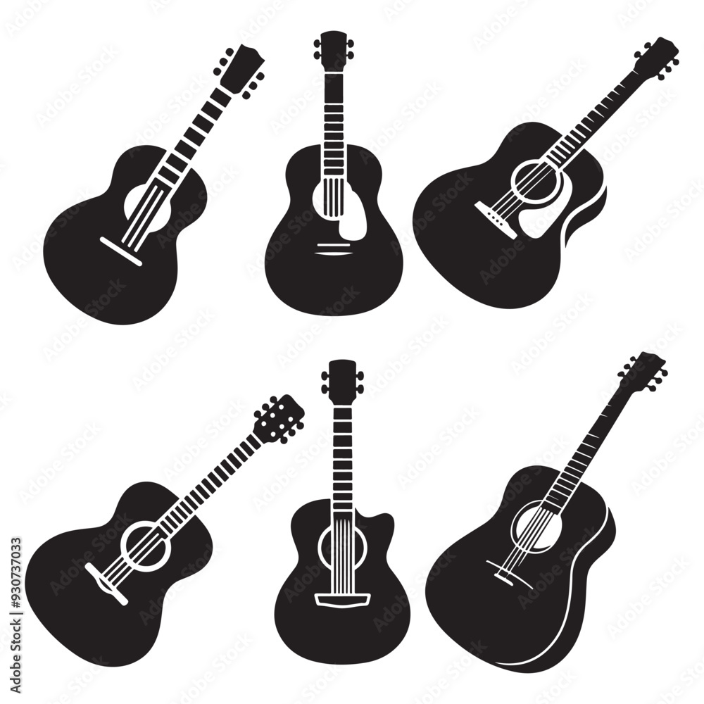 Fototapeta premium Electric guitar silhouette set on white background, Acoustic guitar silhouette, Acoustic and heavy rock electric guitars musical instruments