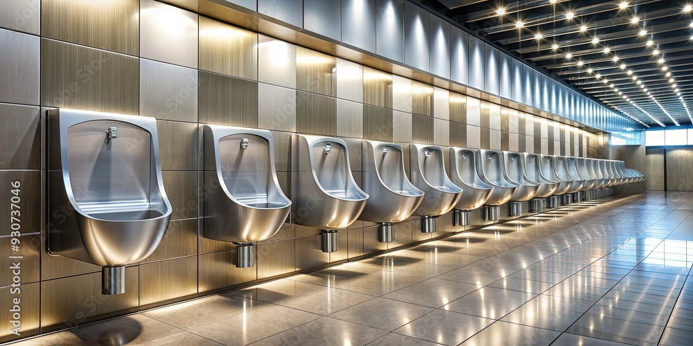 Modern, sleek, and clean urinals lined up against a wall in a public ...