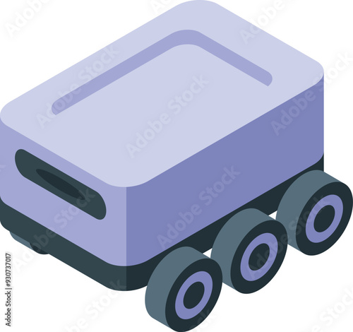 Autonomous delivery robot moving with six wheels, isometric icon