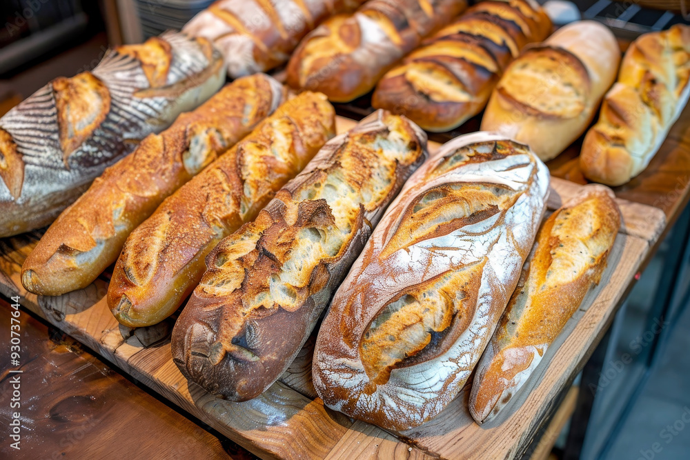 A wooden table with a variety of bread loaves on it A wooden table with a variety of bread loaves on it