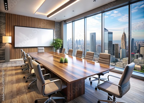 Modern conference room with a sleek wooden table, chairs, and a projector casting a bright presentation on a white screen against a blurred cityscape. photo