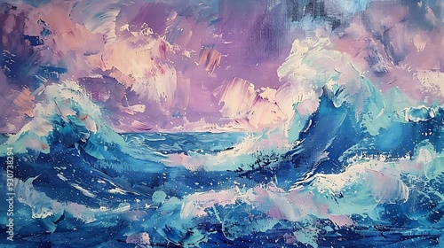 Wallpaper Mural Stormy Sea Ocean Waves Deep Blue Light Purple Painting with Visible Brushstrokes Torontodigital.ca