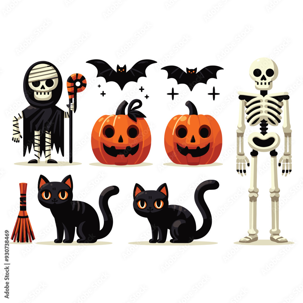Obraz premium Halloween cartoon characters vibrant illustrated with black cats, pumpkins, bats for festive decor