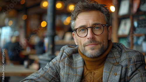 Man in a stylish suit and glasses sitting in a café, fashionable appearance