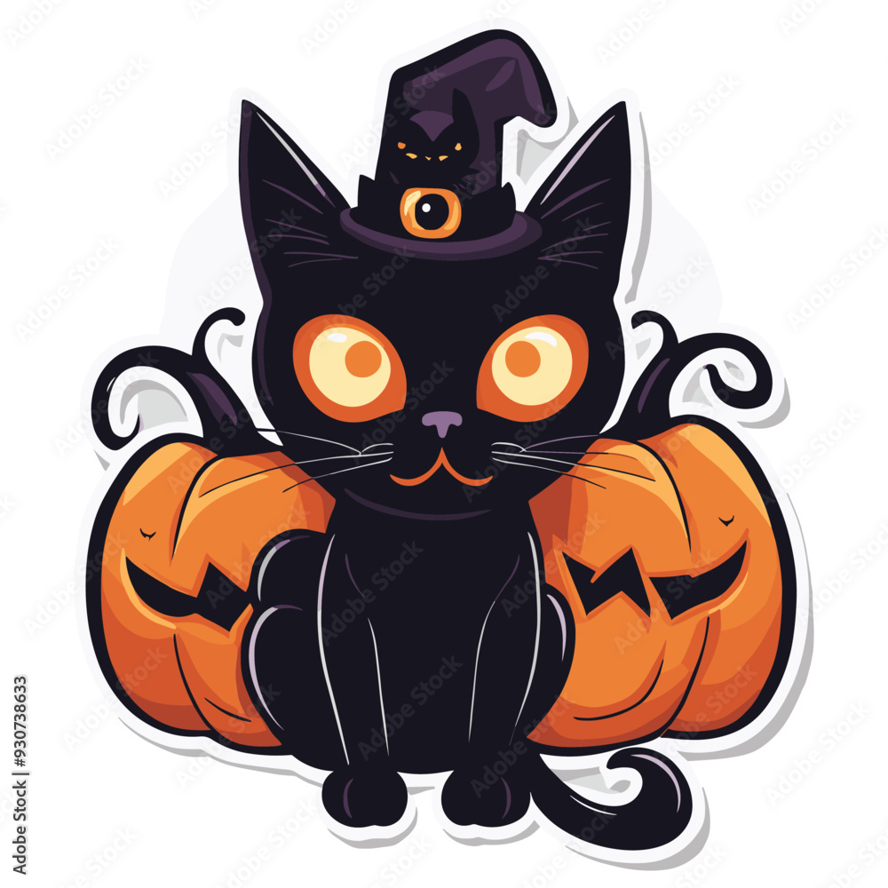 Cute black cartoon cat with pumpkins in Halloween-themed vector illustration, festive decor Cute black cartoon cat with pumpkins in Halloween-themed vector illustration, festive decor