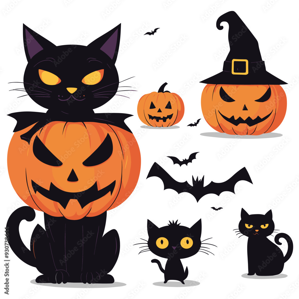 Halloween black cats with pumpkins and bats on white background, spooky festive decoration Halloween black cats with pumpkins and bats on white background, spooky festive decoration