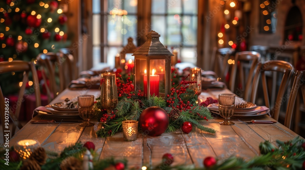 Elegant Christmas Dining Table with Lanterns and Ornaments