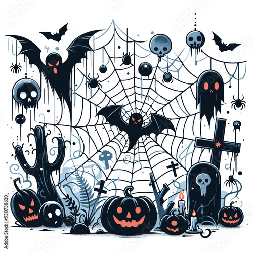 Spooky Halloween illustration, black and orange, web and bats, perfect for Halloween decorations