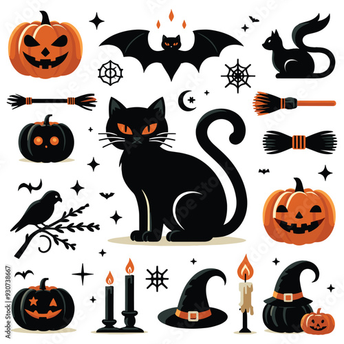 Halloween themed vector illustrations, black cat, pumpkins, witches' hats and bats, festive decor