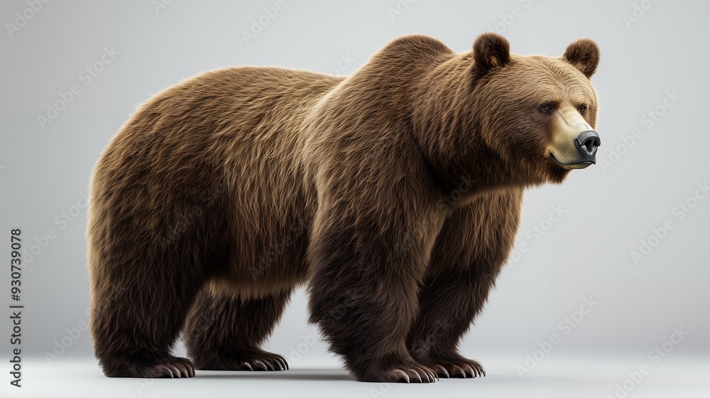 Obraz premium A realistic brown grizzly bear standing in profile against a clean, neutral grey studio background.