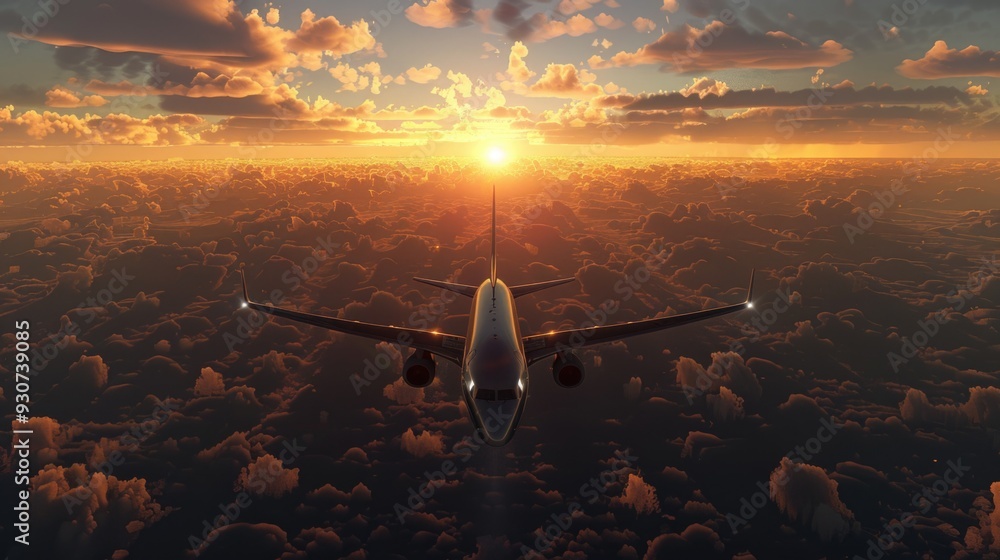 An airplane flying high in the sky during a beautiful sunset An airplane flying high in the sky during a beautiful sunset