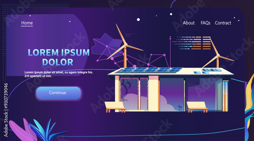 Eco-friendly sustainable living house with wind turbines solar panels futuristic design elements vibrant colors modern website template