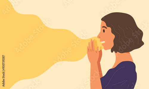 Young female raising both hands hear mouth to say something. Concept of advertising, announcement, speaking, speak out, call out, ready to fill massage, business marketing. Flat vector illustration.