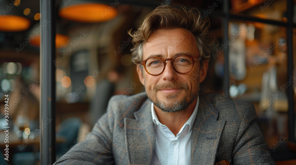 Man in a stylish suit and glasses sitting in a café, fashionable appearance Man in a stylish suit and glasses sitting in a café, fashionable appearance