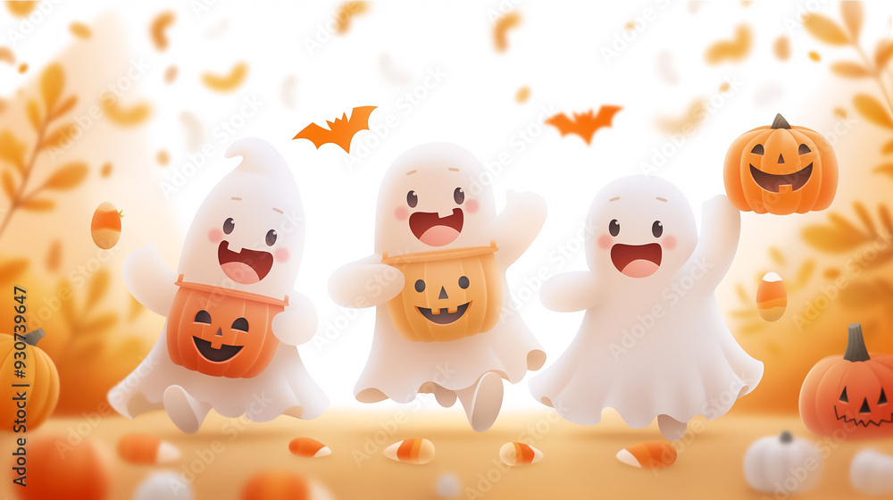 Three cheerful ghosts in costumes happily collect candy while surrounded by pumpkins and autumn leaves during Halloween festivities Three cheerful ghosts in costumes happily collect candy while surrounded by pumpkins and autumn leaves during Halloween festivities