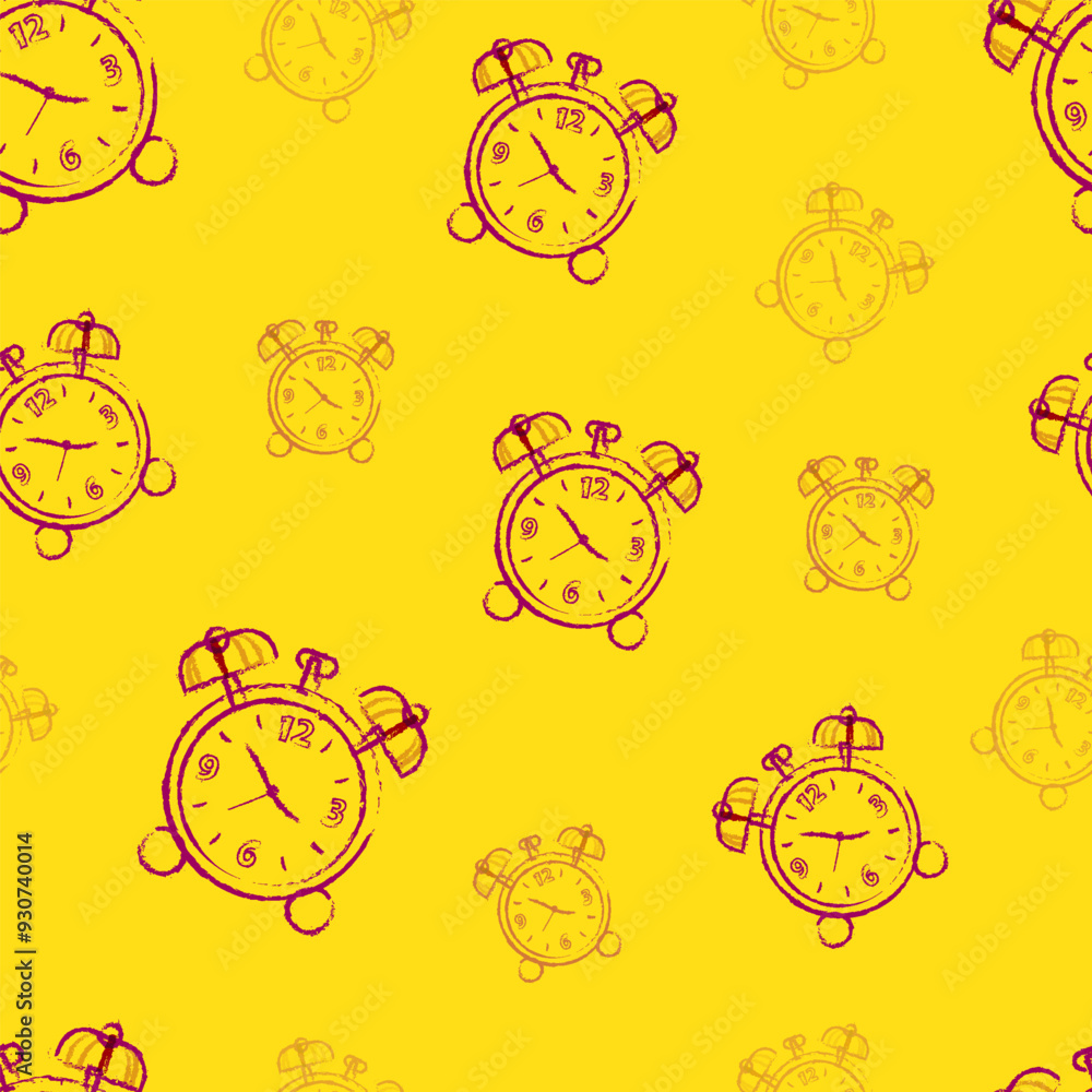 Fototapeta premium Seamless pattern with the chalk clock on yellow background. Vintage seamless background with Alarm Clocks with Grunge Effect, Vector illustration.