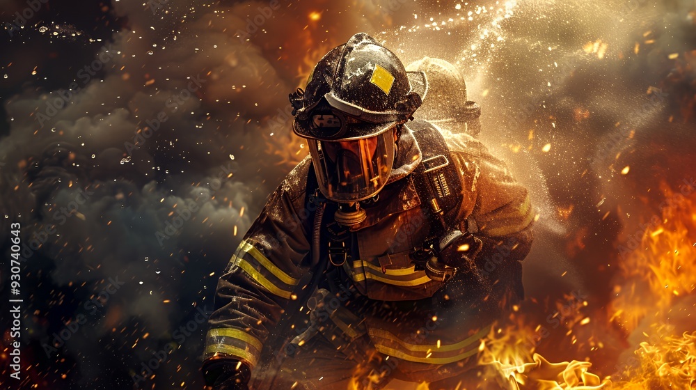Obraz premium A firefighter battling flames amid smoke, showcasing bravery and resilience in a dangerous situation.