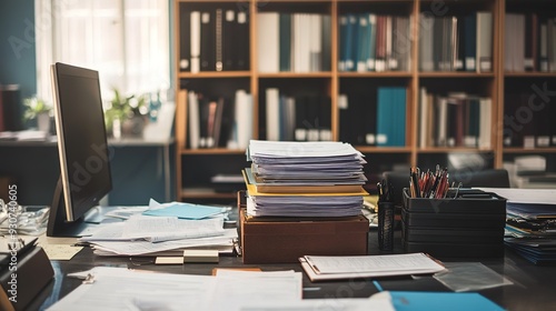 A well-organized workspace with contracts, reports, and a computer displaying related documents