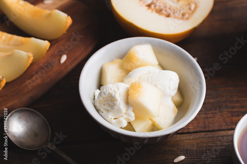 Vanilla Ice Cream with Honeydew Melon Slices